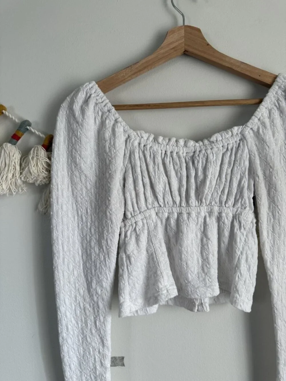 Free People Textured Ruched Button Front Long Sleeve Crop Top White Festival XS